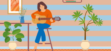 Frau, die auf einem Hocker sitzend Gitarre spielt (Zeichnung)